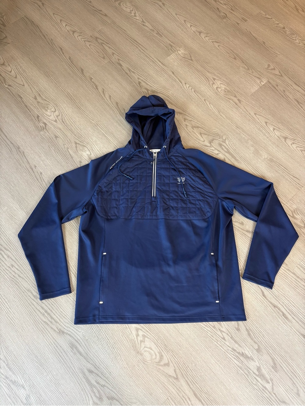 Peter Millar Navy Quilted Chest Pullover Windbreaker Hoodie Austin Country Club